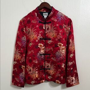 CHICO'S Asian Mandarin Collar Silk Blend Brocade Jacket Red Black Size 1/8